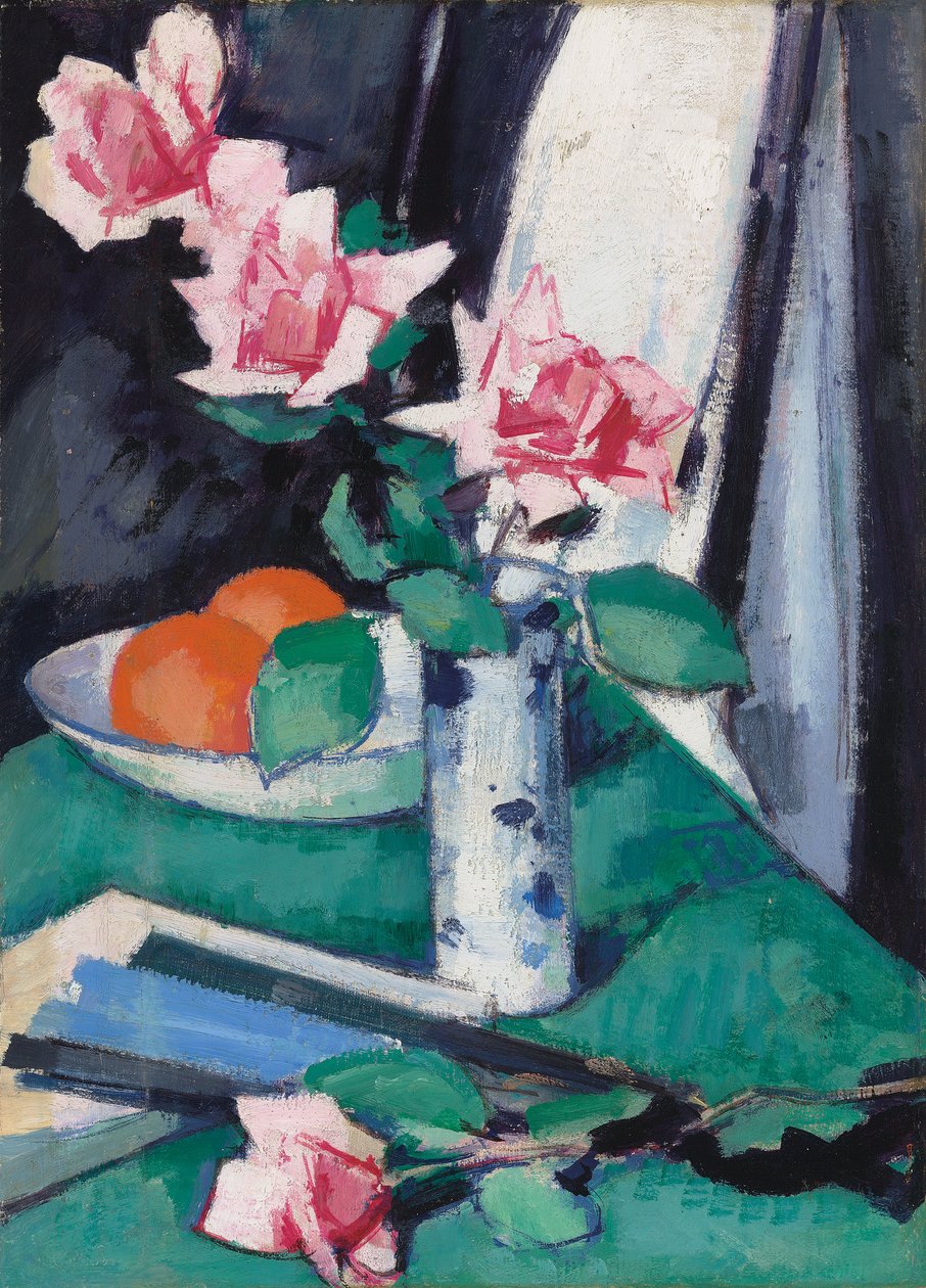 Stillleben mit rosa Rosen und Orangen in einer blau-weißen Vase von Samuel John Peploe