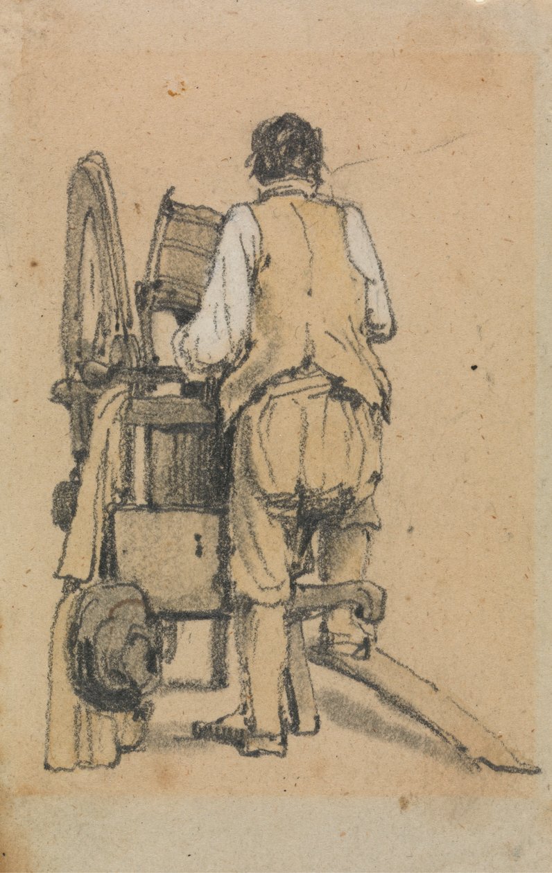 Ein Arbeiter von hinten gesehen, der eine Maschine bedient von Samuel Prout