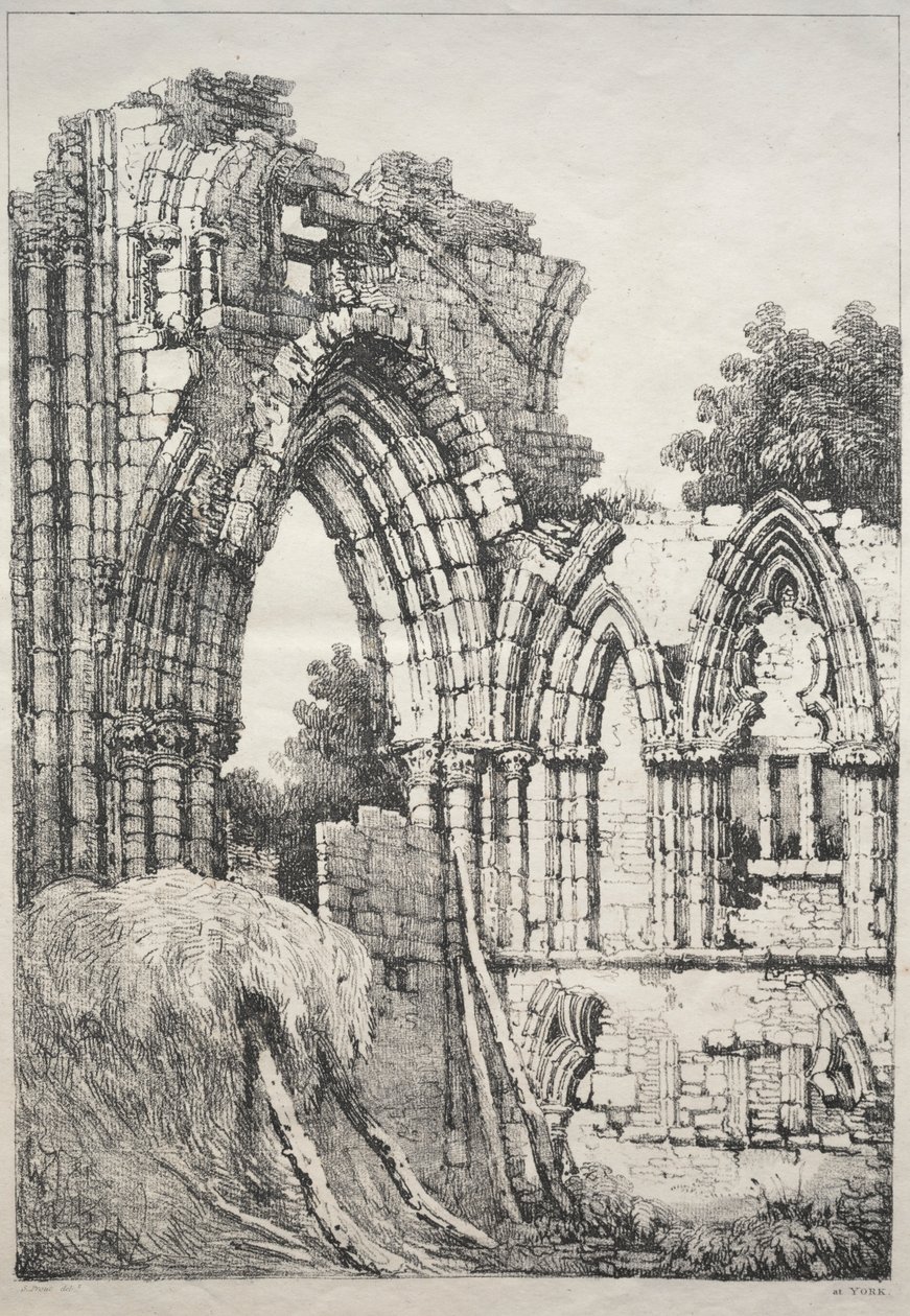 Eine Reihe alter Gebäude und ländlicher Cottages im Norden Englands: In York, Ruinen, 1821 von Samuel Prout