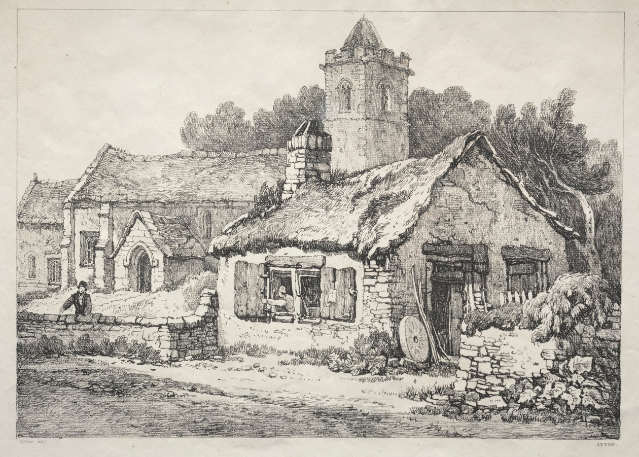 Eine Serie antiker Gebäude und ländlicher Hütten im Norden Englands: Ayton, 1821 von Samuel Prout