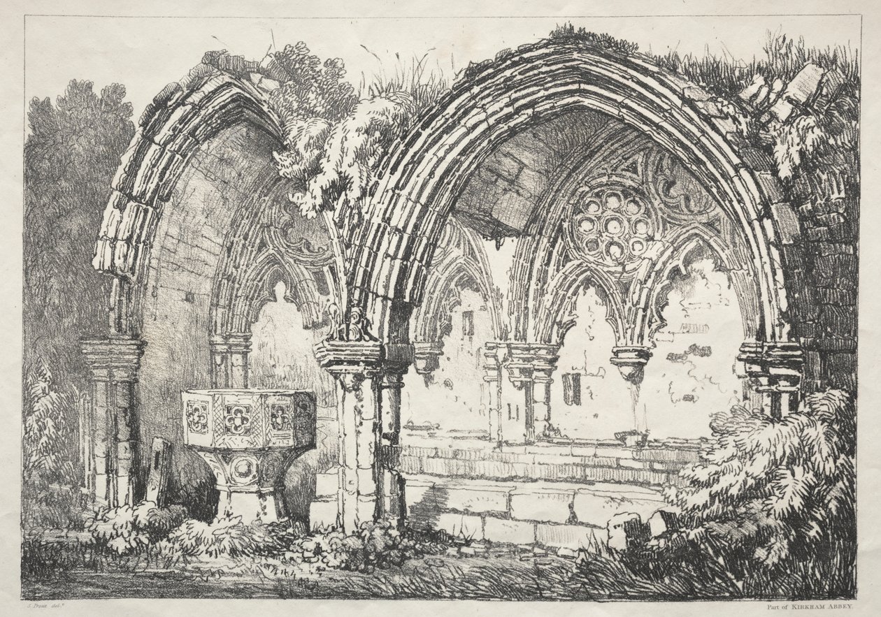 Eine Reihe alter Gebäude und ländlicher Hütten im Norden Englands: Teil der Abtei Kirkham von Samuel Prout