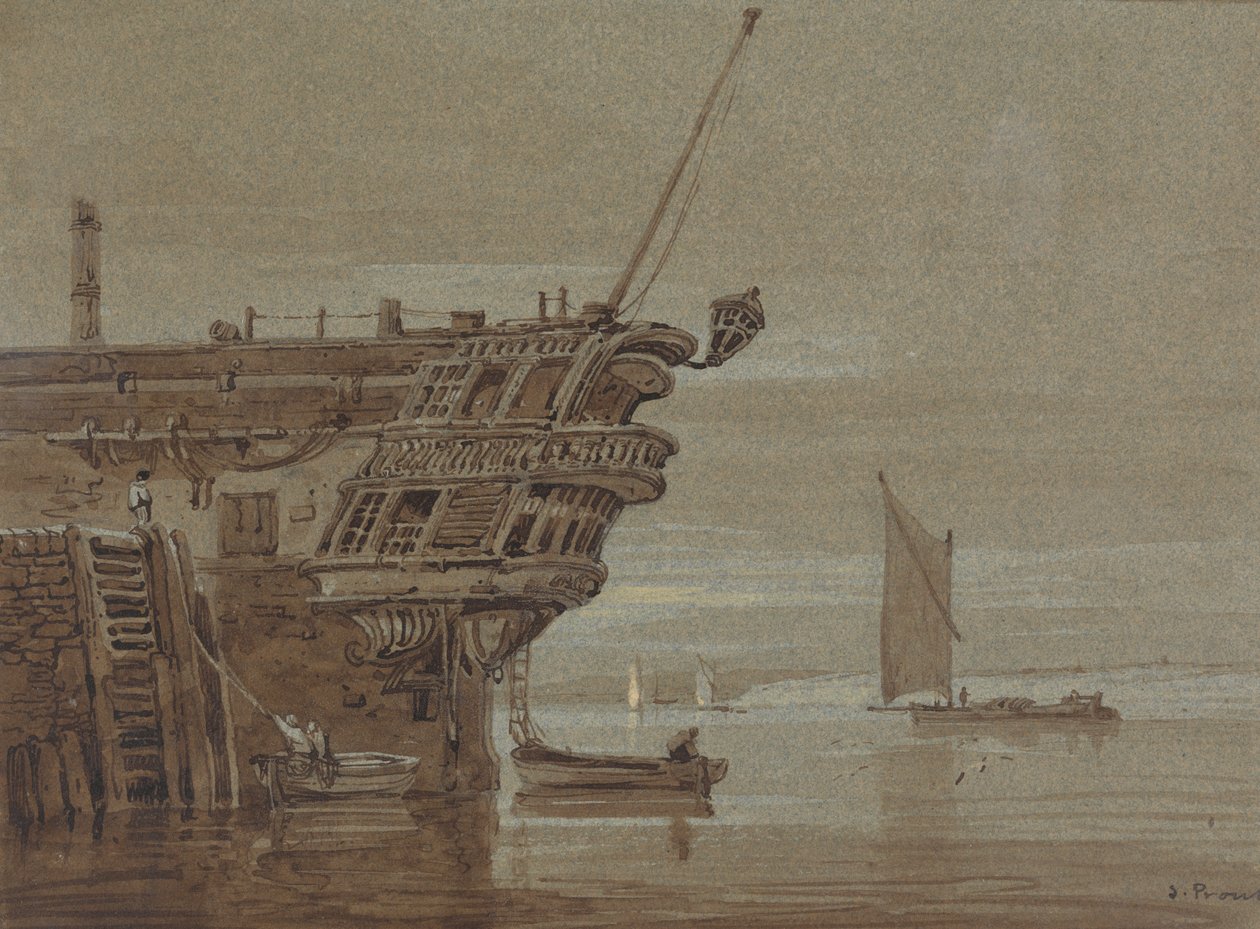 Ein Ostindienfahrer vertäut, kleine Boote daneben, andere Boote weiter entfernt von Samuel Prout
