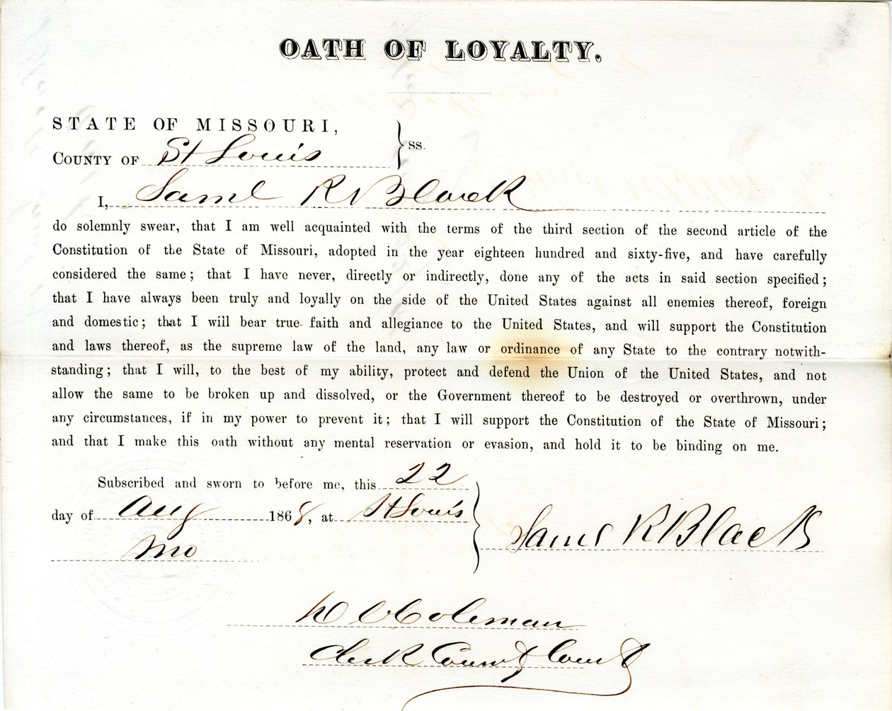 Loyalitätseid von Samuel R. Black aus Missouri, County of St. Louis von Samuel R. Black