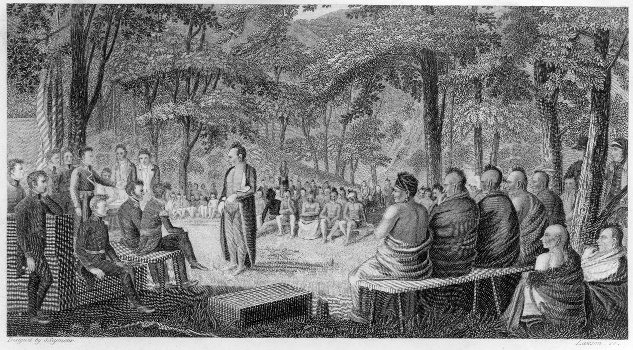 Major Long hält einen Rat mit den Oto (Missouri) Indianern, graviert von Lawson, 1819 von Samuel Seymour