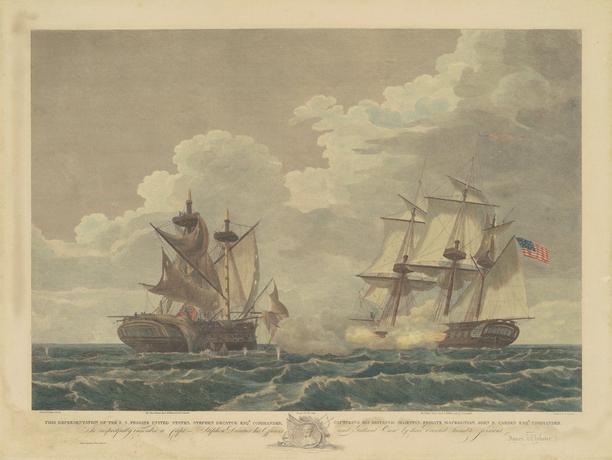 Die US-Fregatte United States erobert die britische Fregatte Macedonian von Samuel Seymour, after Thomas Birch