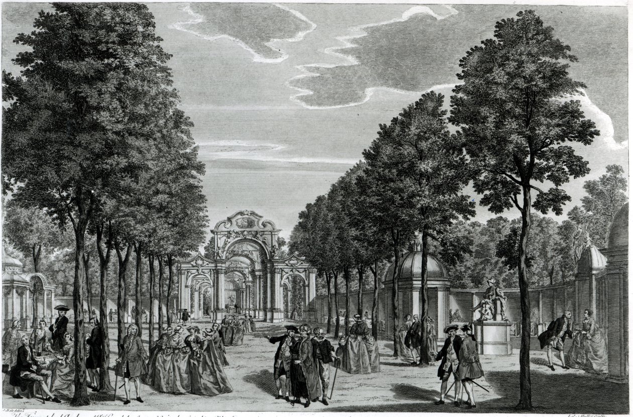 Die Triumphbögen, Händels Statue im Südgang der Vauxhall Gardens, graviert von John S. Muller von Samuel Wale