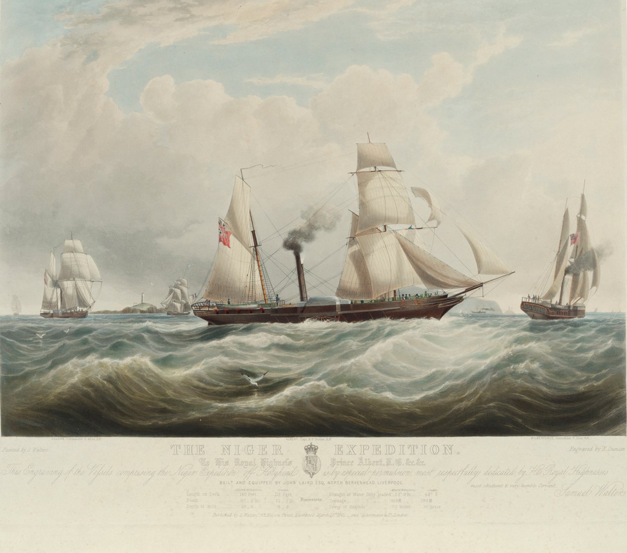 Die Nigeria-Expedition, am Zusammenfluss der Flüsse Niger und Benoue, die Schiffe Albert, Sudan und Wilberforce vor Holyhead (Wales), August-Oktober 1841 von Samuel Walters