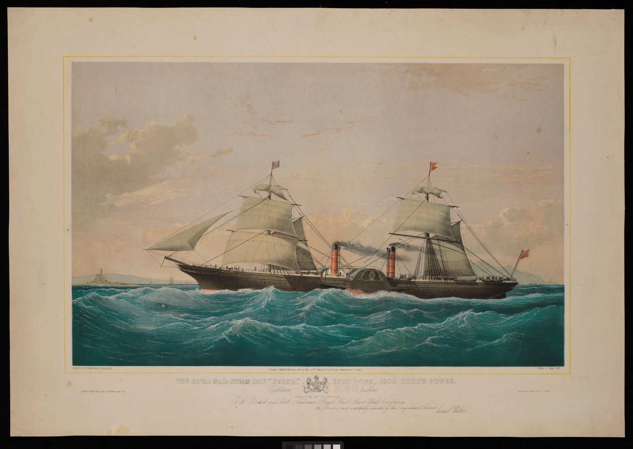 Das königliche Postdampfschiff Persia... Kapitän C H E Jodkins (Inward Bound, vor den Skerries) Der britischen und nordamerikanischen königlichen Postdampfschiffgesellschaft wird dieser Druck mit größtem Respekt gewidmet von Samuel Walters