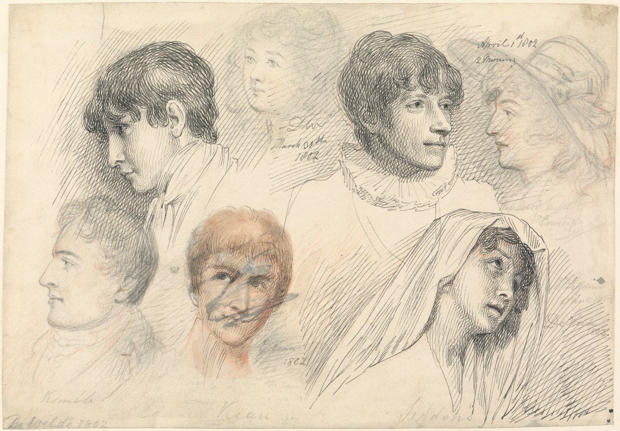 Porträtstudien von Schauspielern, darunter Mary Wells als Cowslip, John Kemble, Edmund Kean und Sarah Siddons als Hermione von Samuel de Wilde