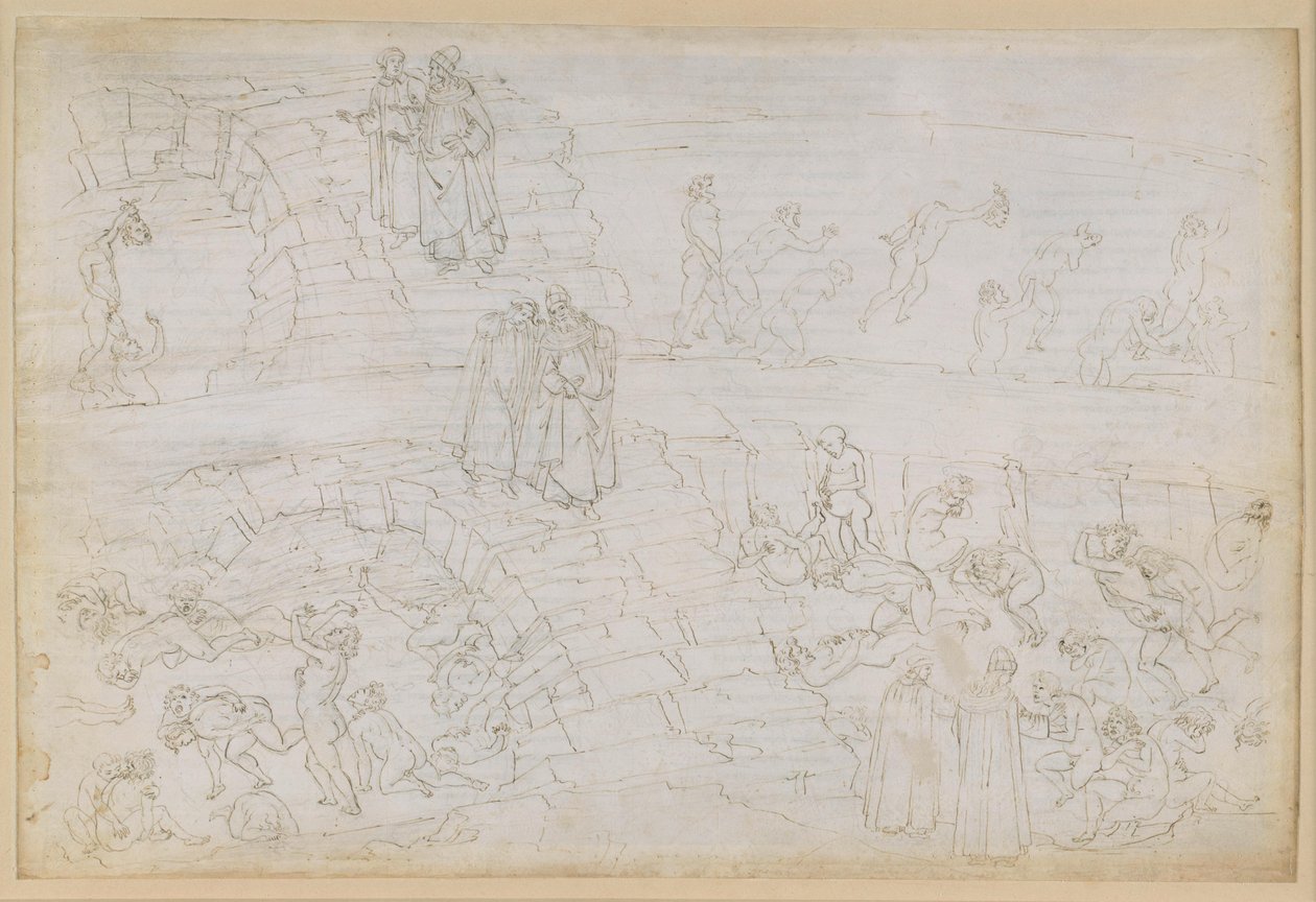 Die Göttliche Komödie, Inferno XXIX. Vergil und Dante im achten Kreis der Hölle (Malebolge), 10. Bolgia: Bestrafung der Fälscher und Alchemisten von Sandro Botticelli