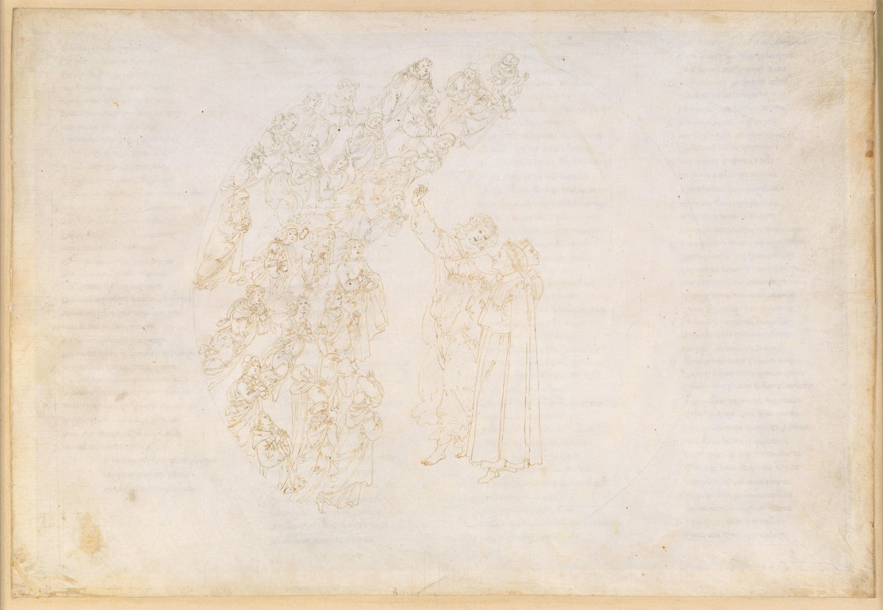 La Divina Commedia, Paradiso III. Erste Planetensphäre (Mondhimmel): Erscheinung der Seelen, die einst an der Erfüllung eines Gelübdes gehindert wurden; Gespräch Dantes mit Piccarda Donati von Sandro Botticelli