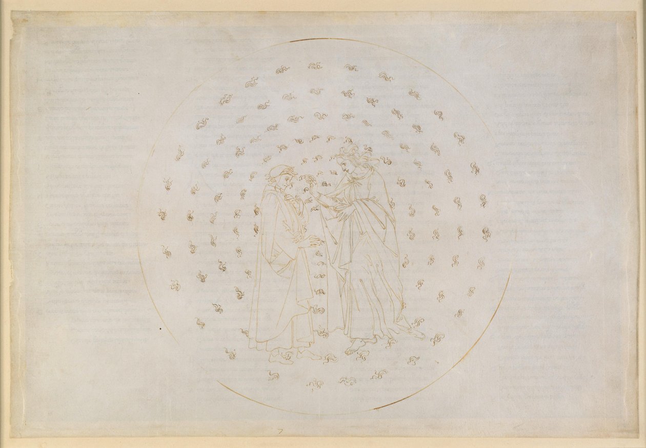 Die Göttliche Komödie, Paradiso VII. Zweite Planetensphäre (Himmel des Merkur): Beatrice führt Dante in diffizile Fragen der göttlichen Gerechtigkeit ein sowie der menschlichen Erbschuld und der Erlösung durch den Tod Christi von Sandro Botticelli