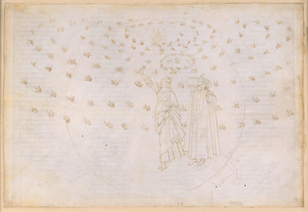 La Divina Commedia, Paradiso XXIII. Achte Sphäre (Fixsternhimmel): Vision vom Triumph Christi; Dante sieht Beatrice in ihrer wahren Gestalt; Der Marienreigen und die zwölf Apostel von Sandro Botticelli
