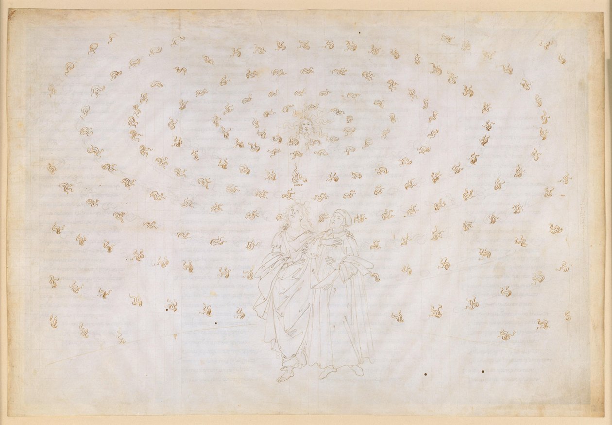 La Divina Commedia, Paradiso XXIV. Achte Sphäre (Fixsternhimmel): Beatrice bittet Petrus, ihren Schüler im wahren Glauben zu prüfen, der ersten theologischen Tugend; Dantes Glaubensbekenntnis von Sandro Botticelli