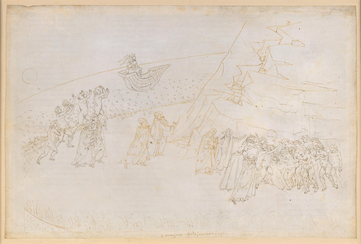 La Divina Commedia, Purgatorio III. Vorpurgatorium: Buße der im Kirchenbann Verstorbenen; Gespräch mit Manfred von Hohenstaufen von Sandro Botticelli