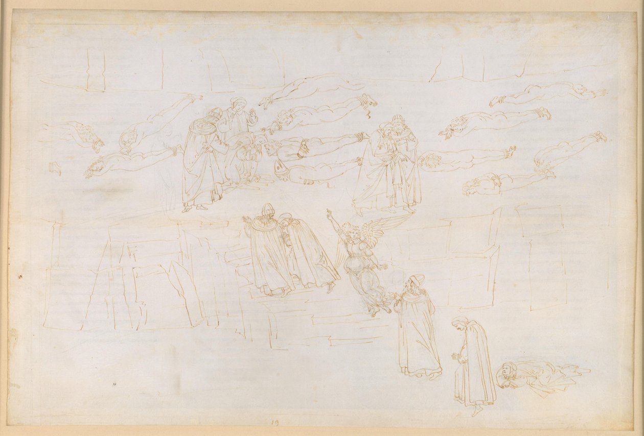La Divina Commedia, Purgatorio XIX. Aufstieg zum fünften Ring des Purgatoriums: Dantes Sirentraum; Buße der Habgierigen und Verschwender; Gespräch mit Hadrian V. von Sandro Botticelli