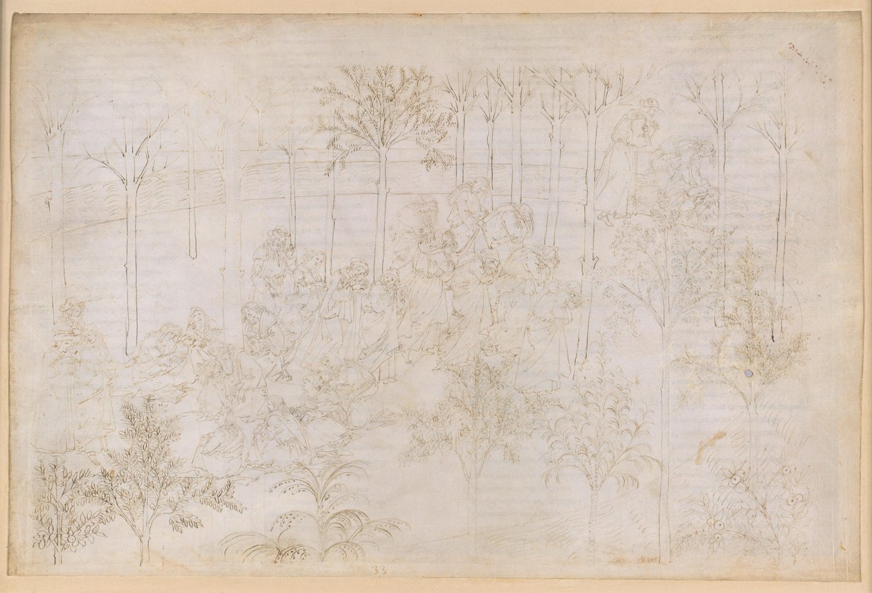 Die Göttliche Komödie, Purgatorio XXXIII. Das Irdische Paradies: Beatrice im Kreis der Tugenden; Aufbruch; Dantes Bad im Fluss Eunoe von Sandro Botticelli