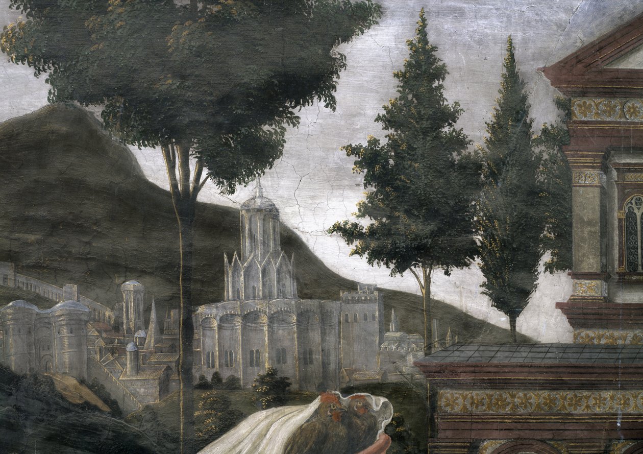Die Reinigung des Aussätzigen und die Versuchung Christi, in der Sixtinischen Kapelle: Detail einer imaginären Stadt in einer Landschaft, 1481 von Sandro Botticelli