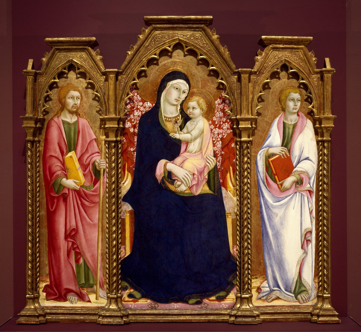 Madonna und Kind mit den Heiligen Jakobus Major und Johannes dem Evangelisten, Altarbild von Sano di Pietro