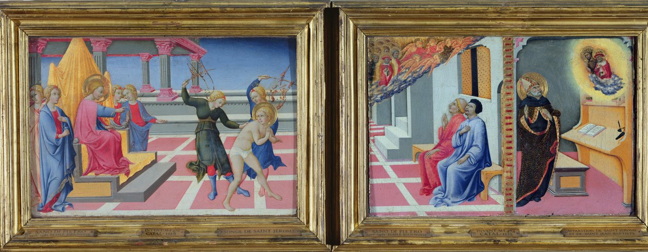 Der Traum des Heiligen Hieronymus und die Erscheinung des Heiligen Hieronymus vor Sulpicius Severus und dem Heiligen Augustinus, 1444 von Sano di Pietro