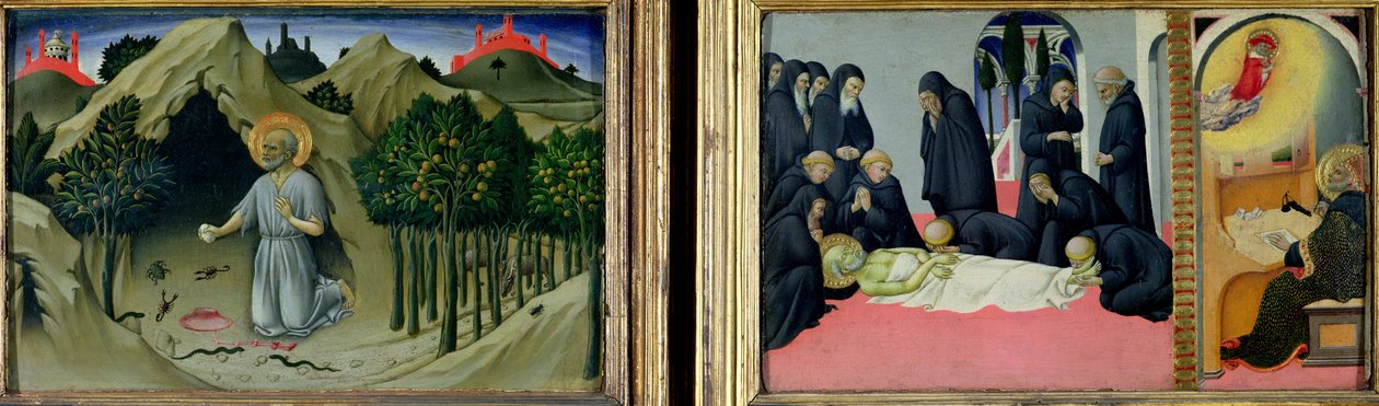 Die Buße des Hl. Hieronymus und der Tod und die Erscheinung des Hl. Hieronymus vor dem Hl. Kyrill von Jerusalem, 1444 von Sano di Pietro
