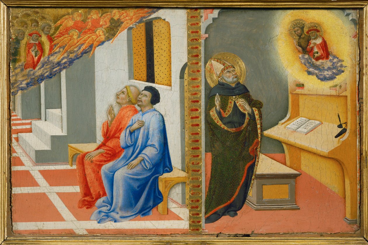 Nach seinem Tod erscheint der Heilige Hieronymus Sulpice Severius, dann dem Heiligen Augustinus, zusammen mit Johannes dem Täufer von Sano di also Ansano di Pietro di Mencio Pietro