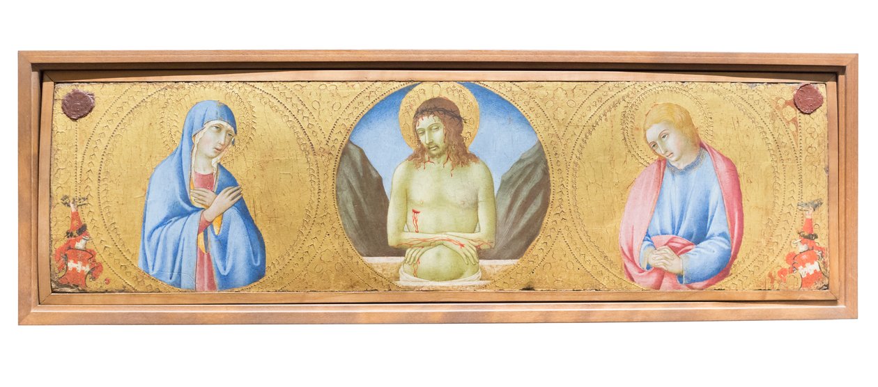 Christus als Schmerzensmann zwischen der Jungfrau Maria und Johannes dem Evangelisten von Sano di also Ansano di Pietro di Mencio Pietro