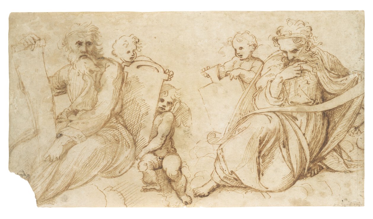 Zwei Propheten mit Schriftrollen, sitzend mit Putti, die Tafeln halten von Sanzio of Urbino Raphael