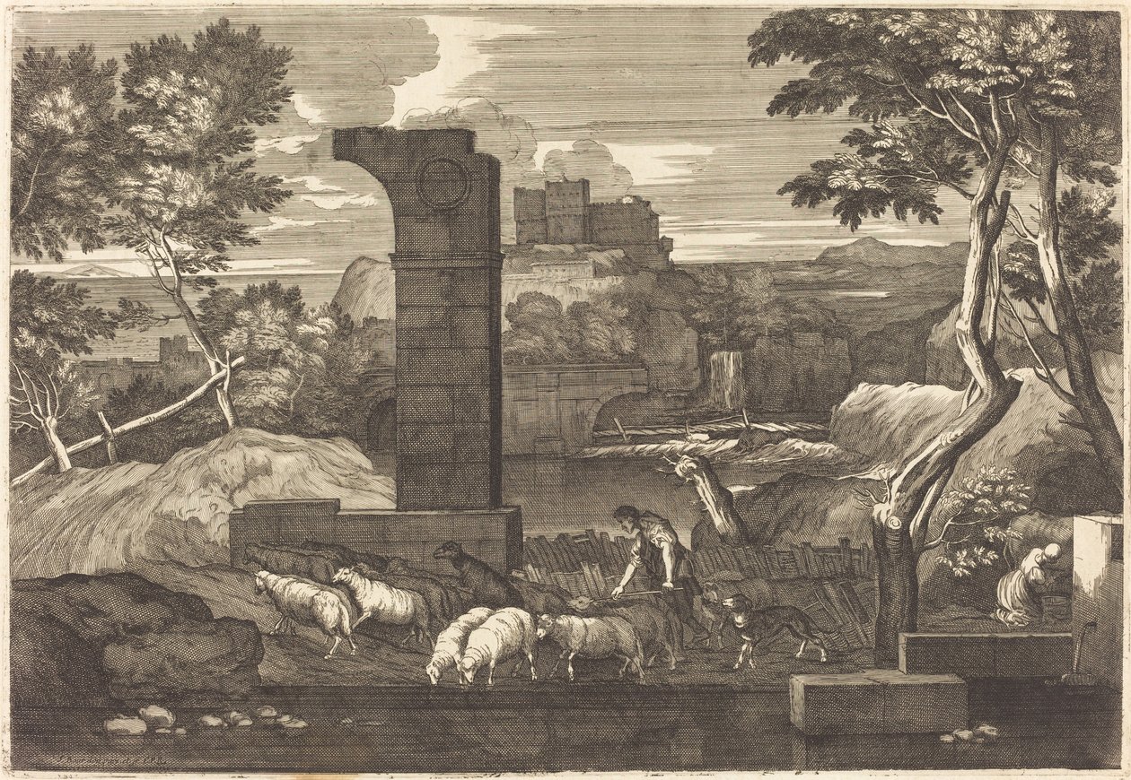 Landschaft mit Bauer und seiner Herde von Sébastien Bourdon