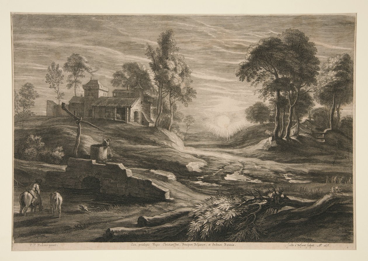 Bauernhof und Bach bei Sonnenuntergang von Schelte Adams Bolswert