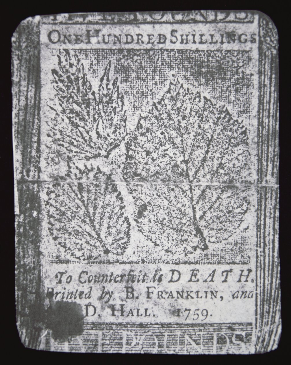 Eine 100-Schilling-Note, entworfen und gedruckt von Benjamin Franklin im Jahr 1759 von School American