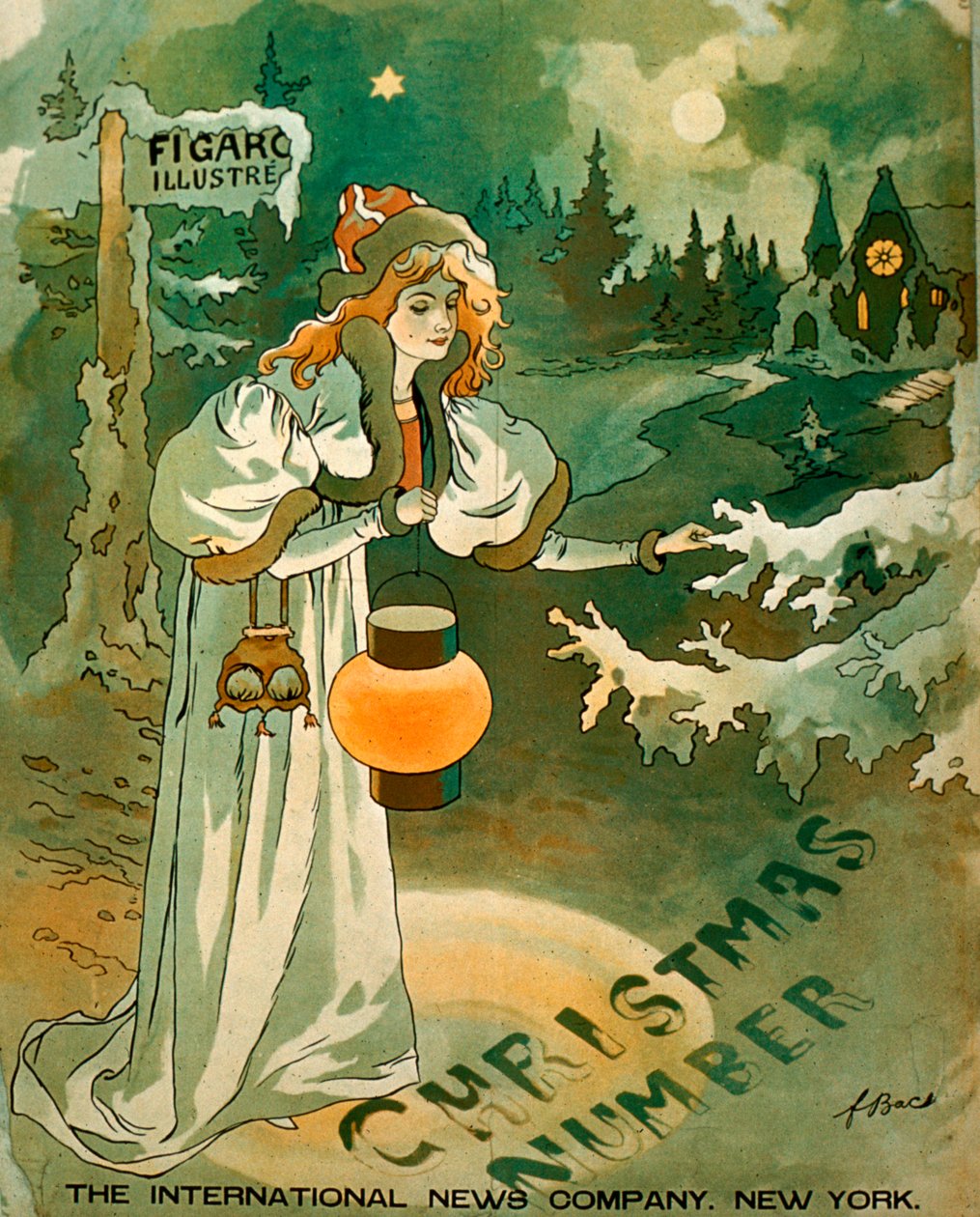 Weihnachtsposter mit einer Frau, die eine Laterne vor einem schneebedeckten Cottage hält (Lithographie) von School American