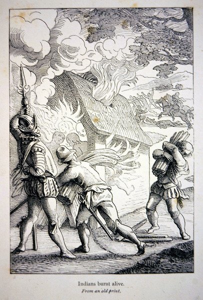 Die Spanier in Amerika brennen ein Indianerdorf nieder von School American