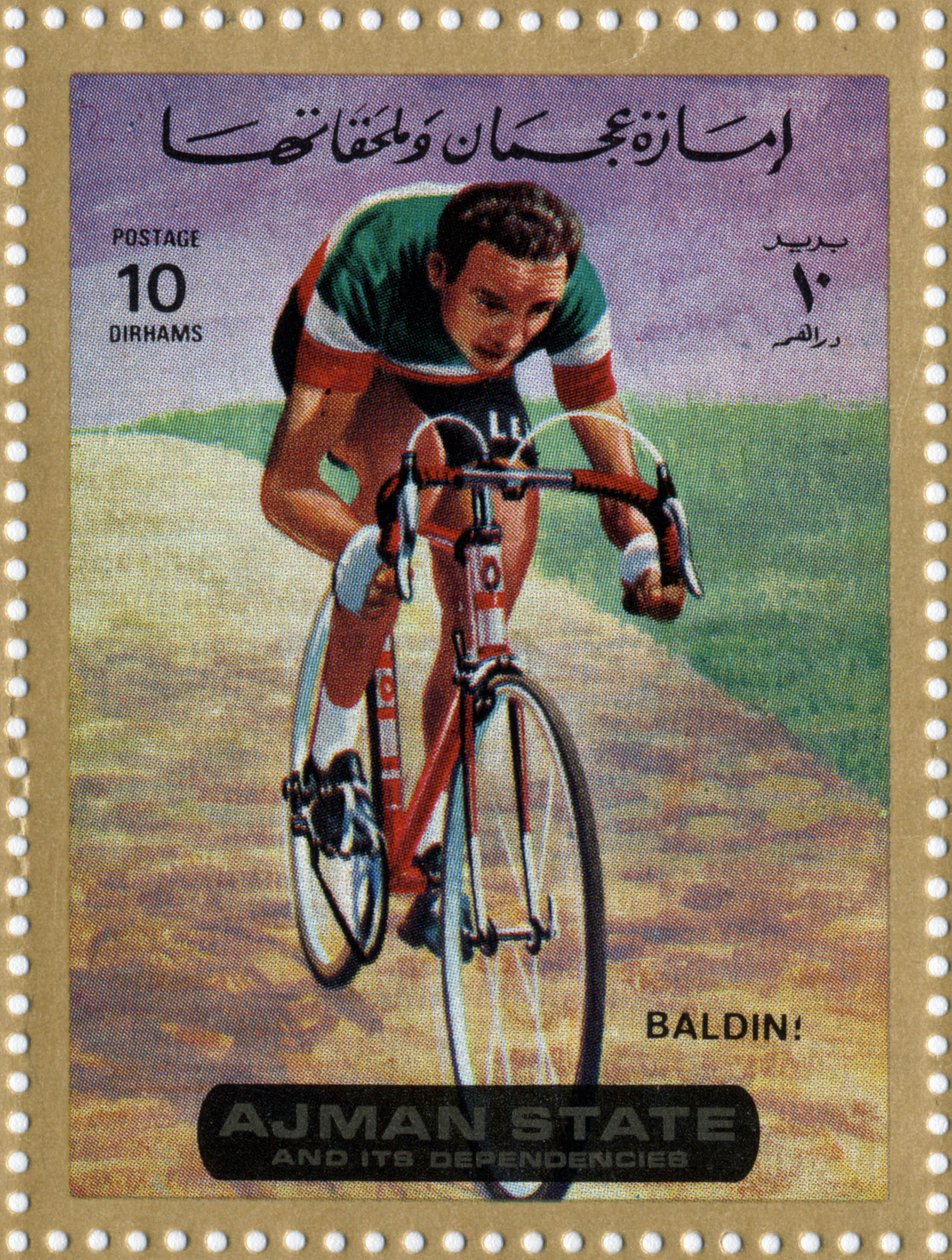 Briefmarke der VAE, die den Radfahrer Ercole Baldini darstellt (geb. 1933). von School Arabic