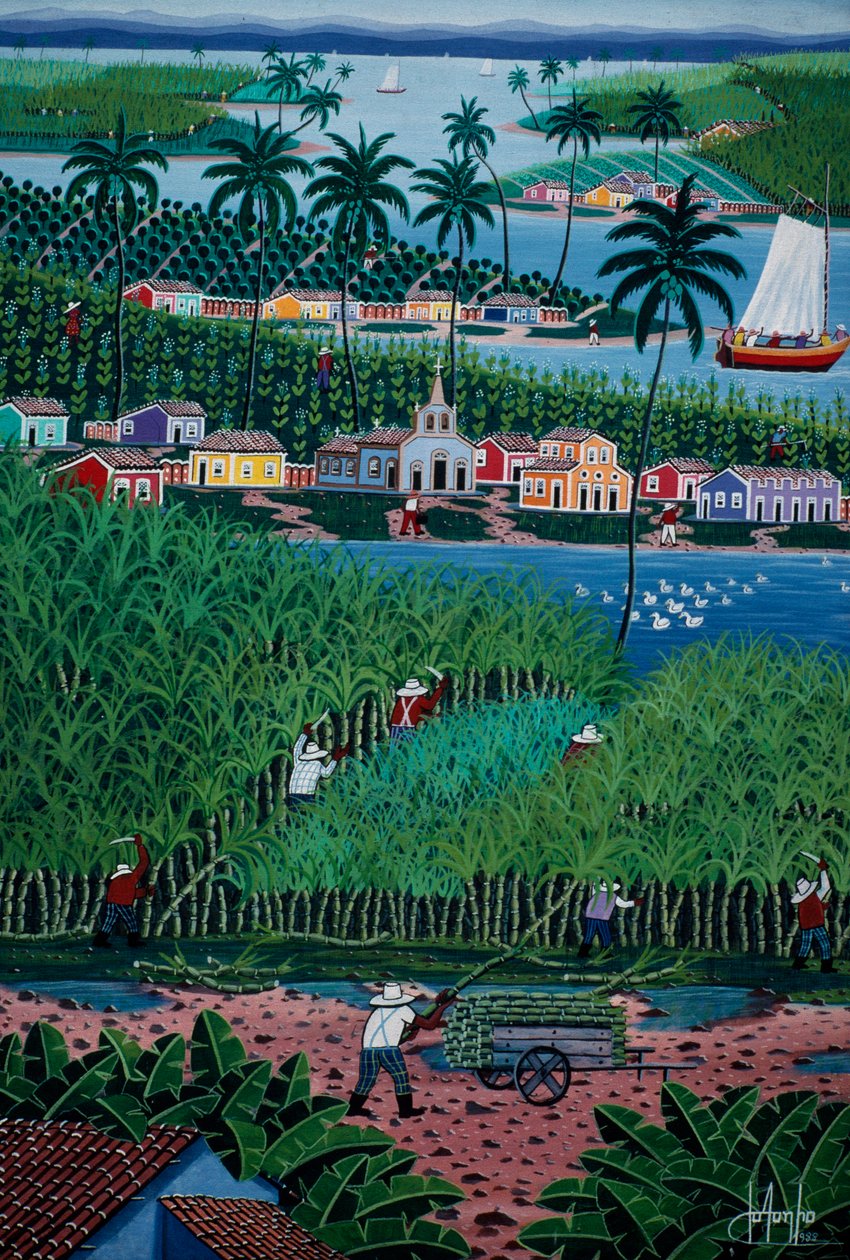 Naive Kunstmalerei, die Bambusernte darstellt, Bundesstaat Bahia, Brasilien von School Brazilian