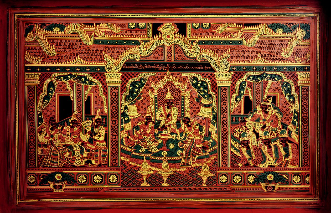 Detail einer Manuskripttruhe aus Myanmar (lackiertes Holz) von School Burmese