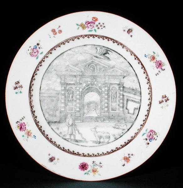 Teller dekoriert in Grisaille mit Famille-Rose-Emaille, darstellend Jacob Bobart (1599-1680) mit einer Ziege und einem Hund, Qianlong-Periode (1736-95) von School Chinese