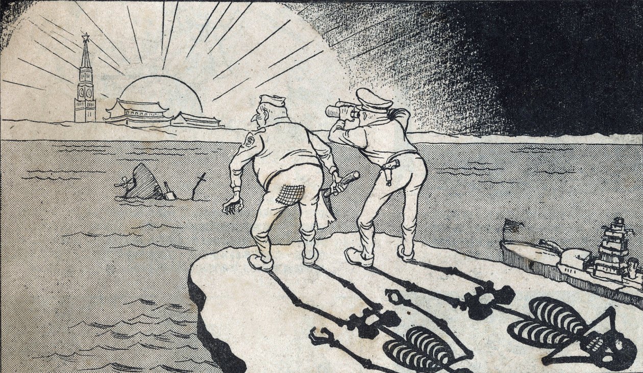 General Mac Arthur mit seinem Skelettschatten, der die Zwillinge der Volksrepublik China betrachtet. Karikatur, in "Satirische Zeichnungen", Peking von School Chinese