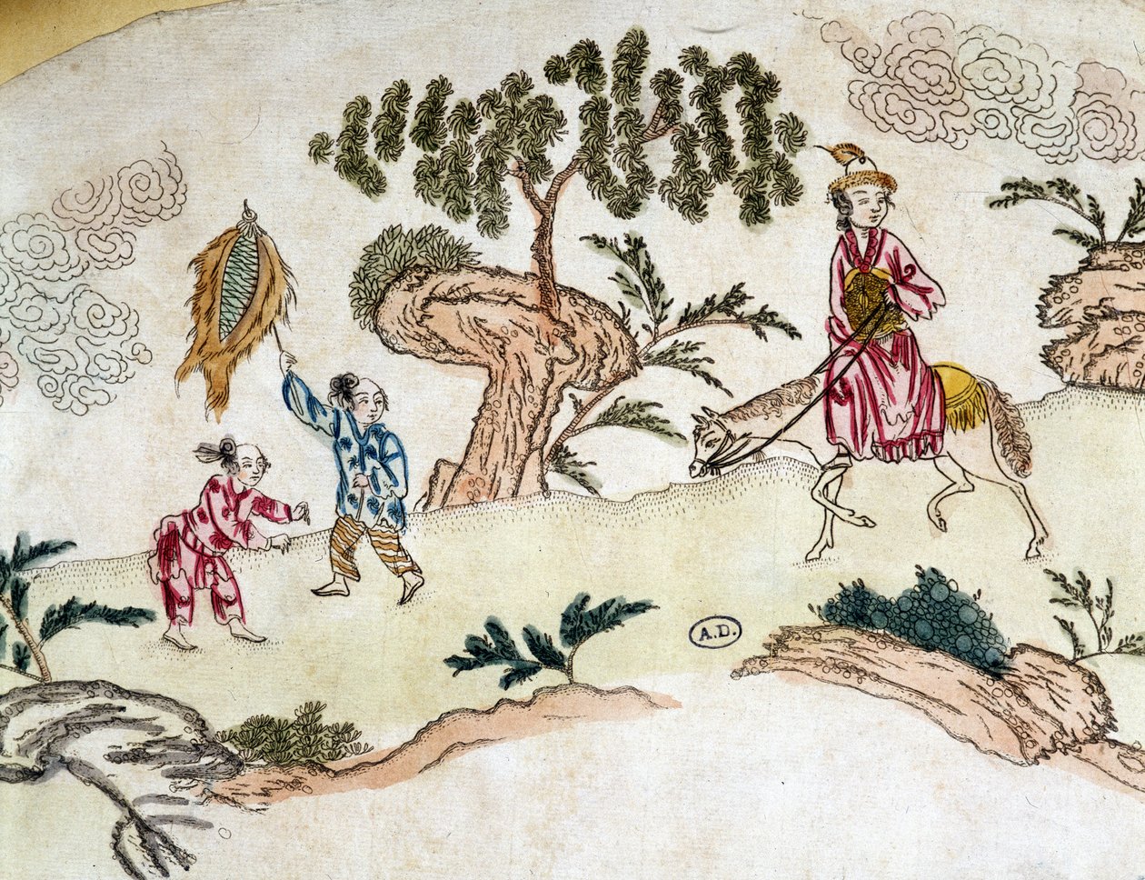 Edle Frau zu Pferd und Kinder, die Drachen steigen lassen - Chinesischer Druck, um 1800 von School Chinese