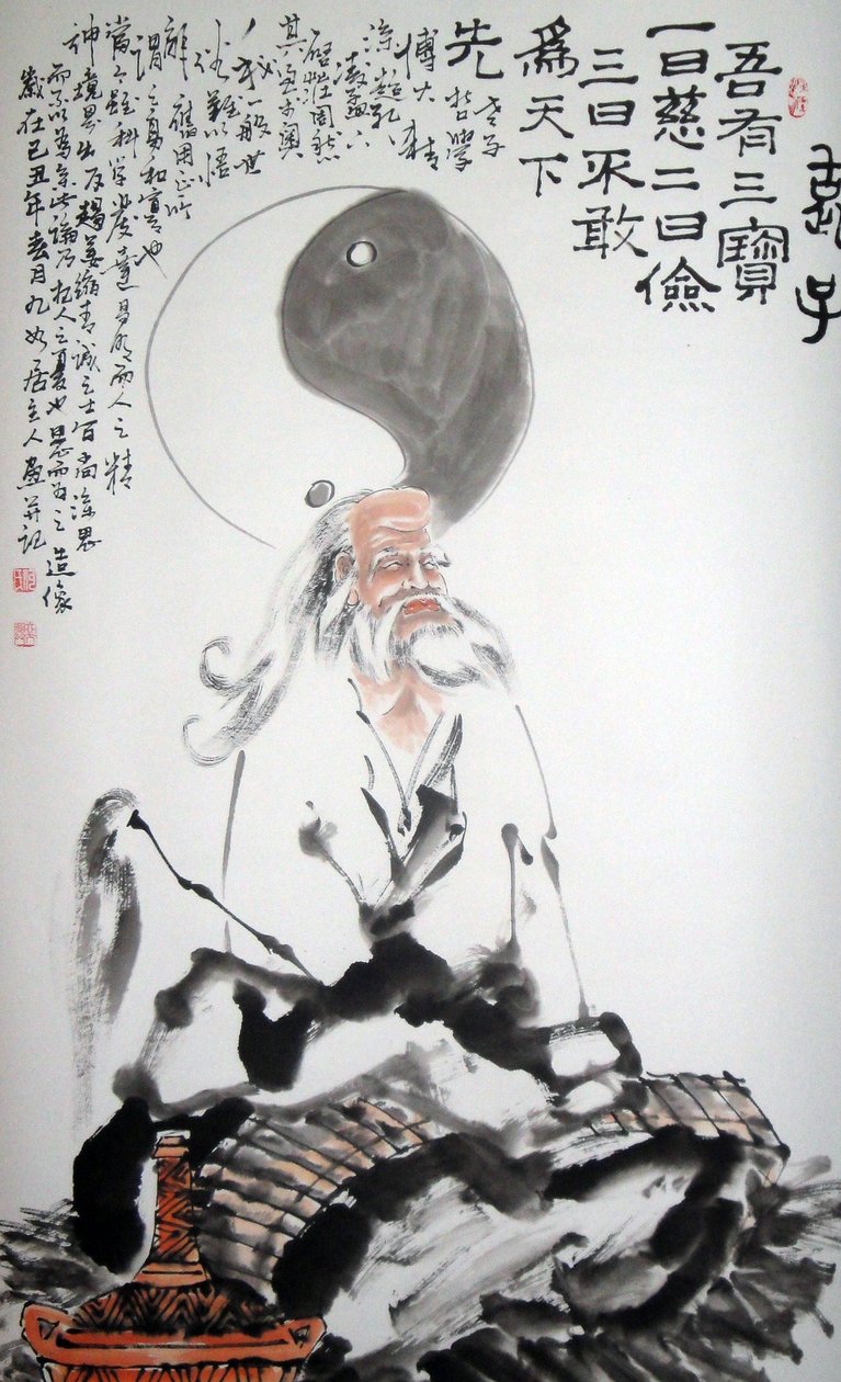 Porträt von Lao Tse (Lao-Tse oder Lao-Tseu, Lao Tseu genannt ""altes Kind"" oder ""Meister Lao""), chinesischer Philosoph, der im 6. Jahrhundert v. Chr. gelebt haben soll. Tuschzeichnung auf Papier, anonym, Privatsammlung von School Chinese