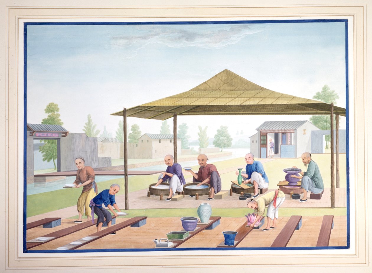 Arbeiter beim Auftragen der Glasuren, um 1825 von School Chinese