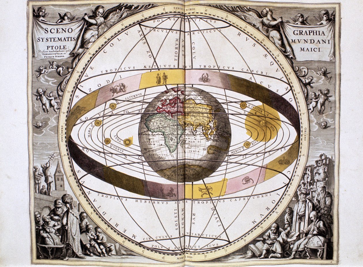 Ptolemäisches, geozentrisches, erdzentriertes System des Universums, zeigt die Position von Sonne, Mond und Planeten, aus 