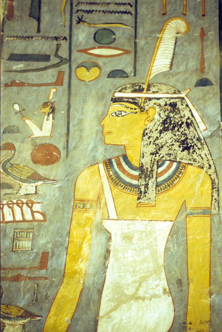 Altes Ägypten, Schnitzerei/Malerei, Grab von Ramses I., Theben, Die Göttin Maat, Göttin der Wahrheit und Gerechtigkeit, mit Straußenfeder (Foto) von School Egyptian