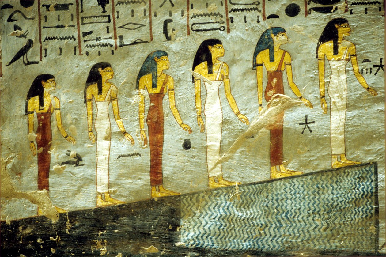 Altes Ägypten, Malerei, Grab von Ramses I, Theben, Sechs Göttinnen, die die ersten sechs Stunden der Nacht darstellen, steigen einen Berg hinauf, unter dem sich ein Teich befindet von School Egyptian