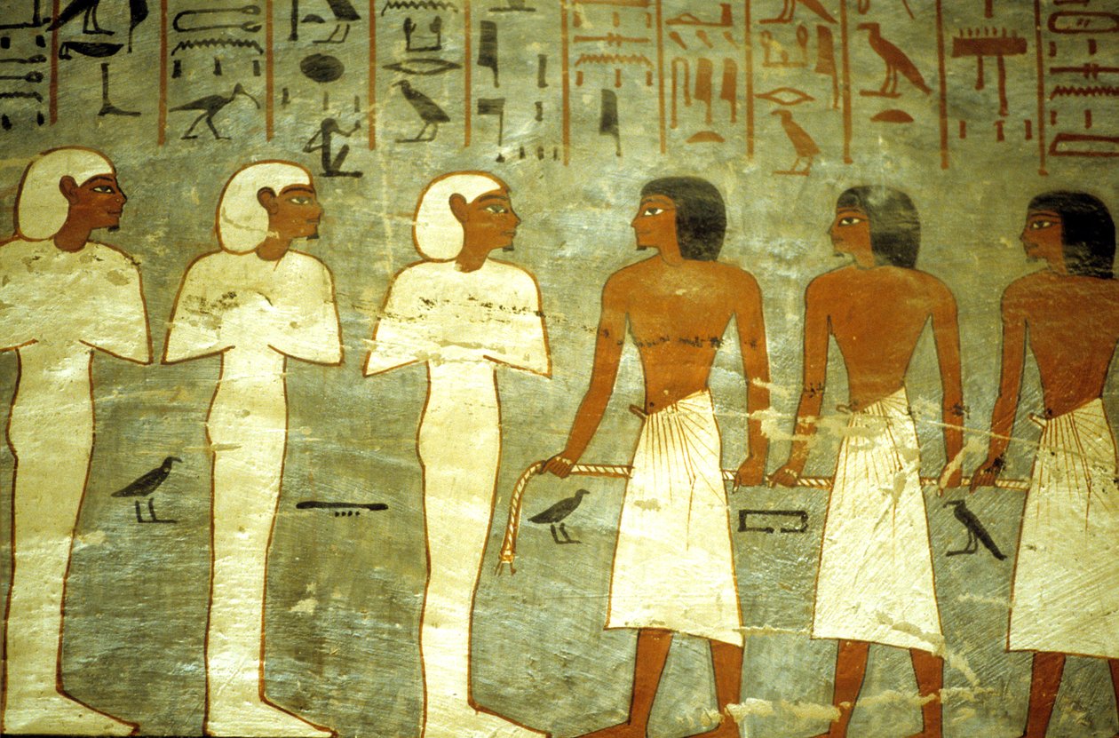 Altes Ägypten, Malerei, Grab von Ramses I, Drei mumienförmige Götter, drei Götter ziehen die Sonnenbarke von School Egyptian