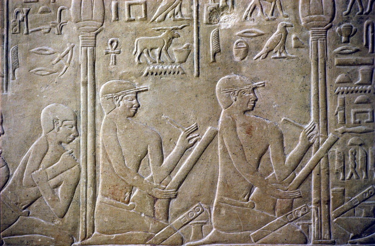 Altes Ägypten, Relief, Grab von Mereruka, Mastaba von Mereruka, 6. Dynastie, Saqqara, Dorfbewohner müssen ihre fehlerhaften Steuererklärungen den Beamten eingestehen von School Egyptian