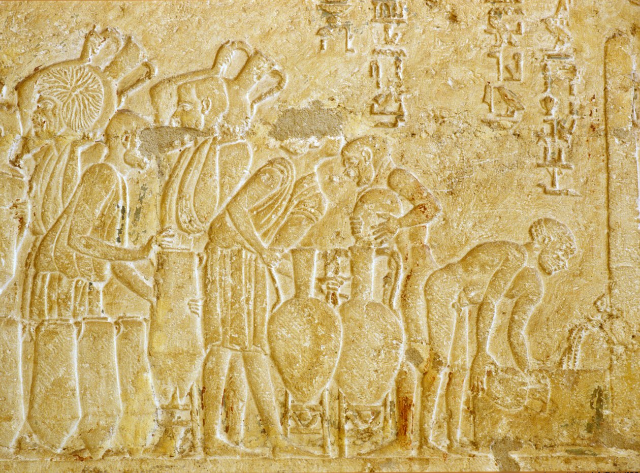 Altes Ägypten, Wandmalerei, Grab des Petosiris, 300 v. Chr., Tuna el Gebel, Wein sammeln und abfüllen von School Egyptian
