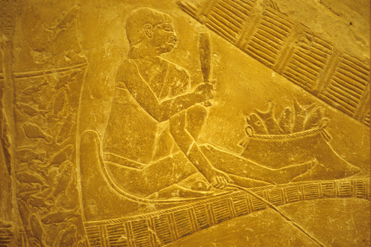 Altes Ägypten, Wandmalerei, Mastaba/Grab des Idout, Saqqara, Fischer sitzen auf Booten und schuppen Fische, 6. Dynastie von School Egyptian