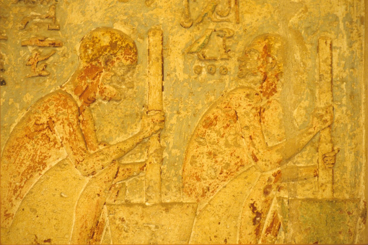 Altes Ägypten, Wandrelief/Malerei, Grab von Petosiris, Tuna el Gebel, 300 v. Chr., Arbeiter mit Stößel und Mörser von School Egyptian