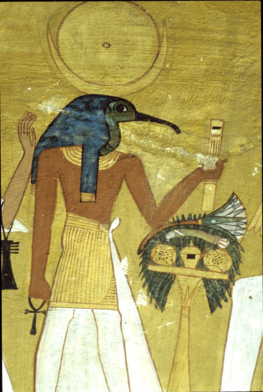 Altes Ägypten, Wandmalerei, Grab des Inherkhau, Theben, Gott Thoth stellt den Verstorbenen Osiris vor, 20. Dynastie, Ibis-köpfiger Gott mit Mondscheibe von School Egyptian
